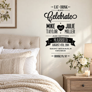 Customizable wedding event wall decal, black typography: Eat Drink and Celebrate