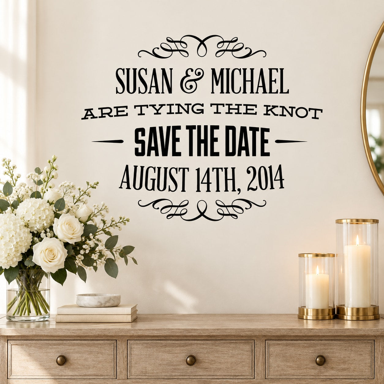 Wedding save-the-date custom decal with black lettering: Susan & Michael, Aug 14, 2014