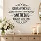 Wedding save-the-date custom decal with black lettering: Susan & Michael, Aug 14, 2014