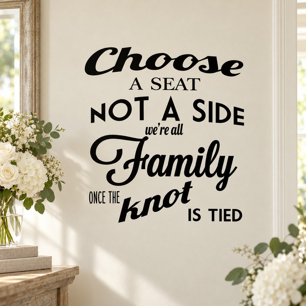 Choose A Seat Not A Side We're All Family Once The Knot Is Tied Wedding Quote Wall Decal - Vinyl Decal - Car Decal - Vd004 — illustrative vinyl decal application mockup. Surrounding objects are not included.