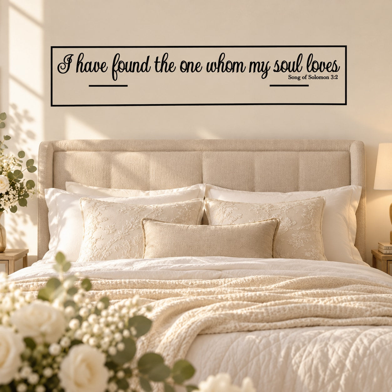 Wedding quote wall decal in black script with Bible reference, above a bed