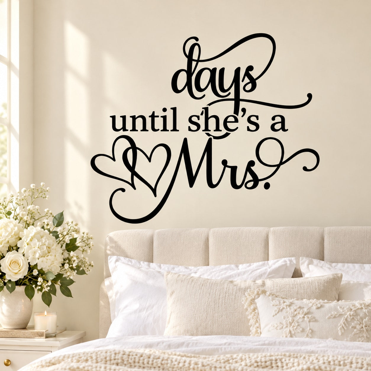Wedding countdown wall decal with black script reading "Days until she's a Mrs."