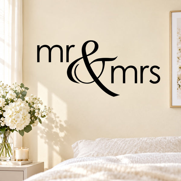 Wedding lettering wall decal with black “mr & mrs” script