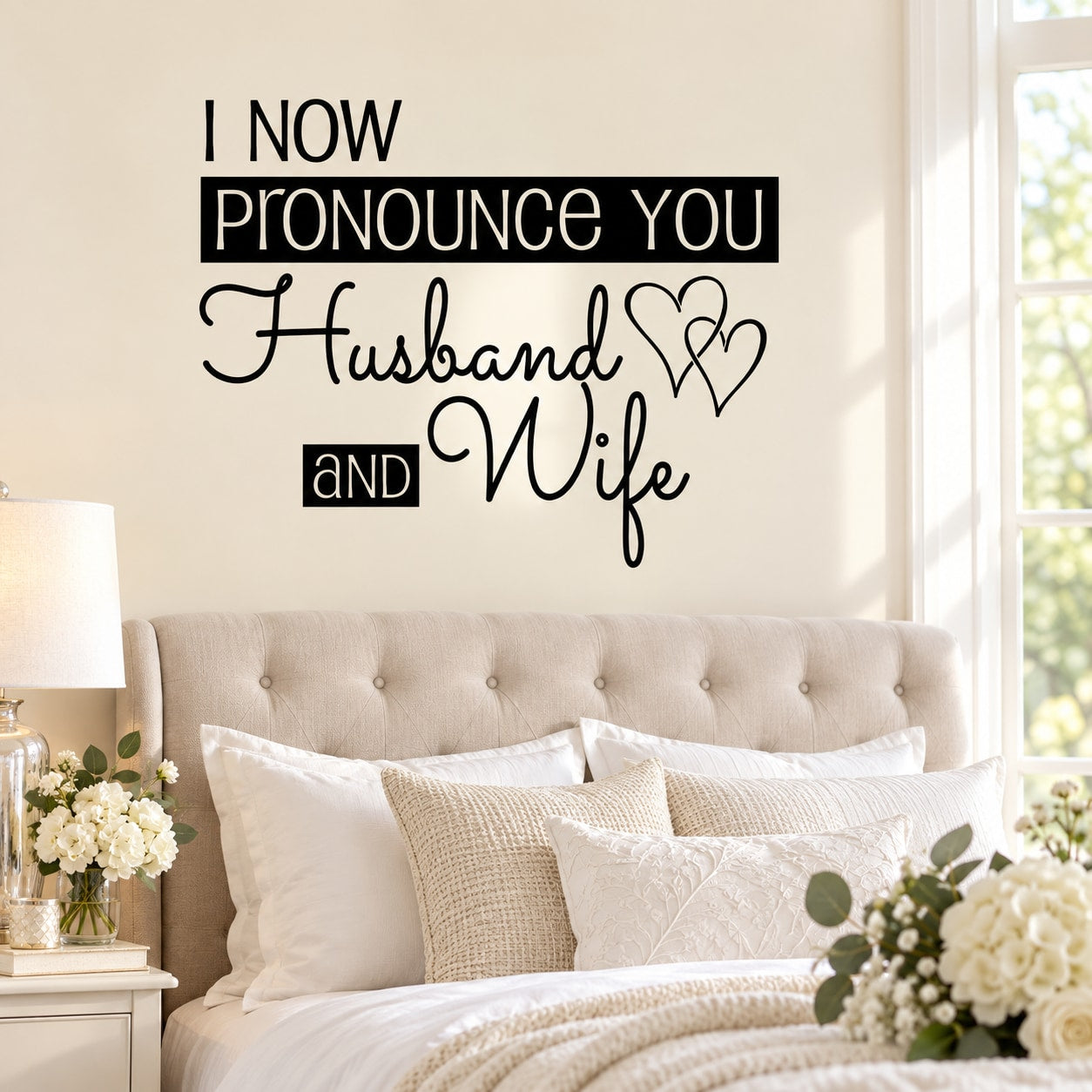 Wedding wall decal with 'I Now Pronounce You Husband and Wife' script lettering
