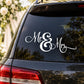 Wedding vehicle decal with “Mr & Mrs” script in white on a dark background