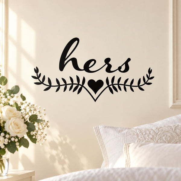 Floral frame wedding decal with 'Hers' cursive script and heart centerpiece