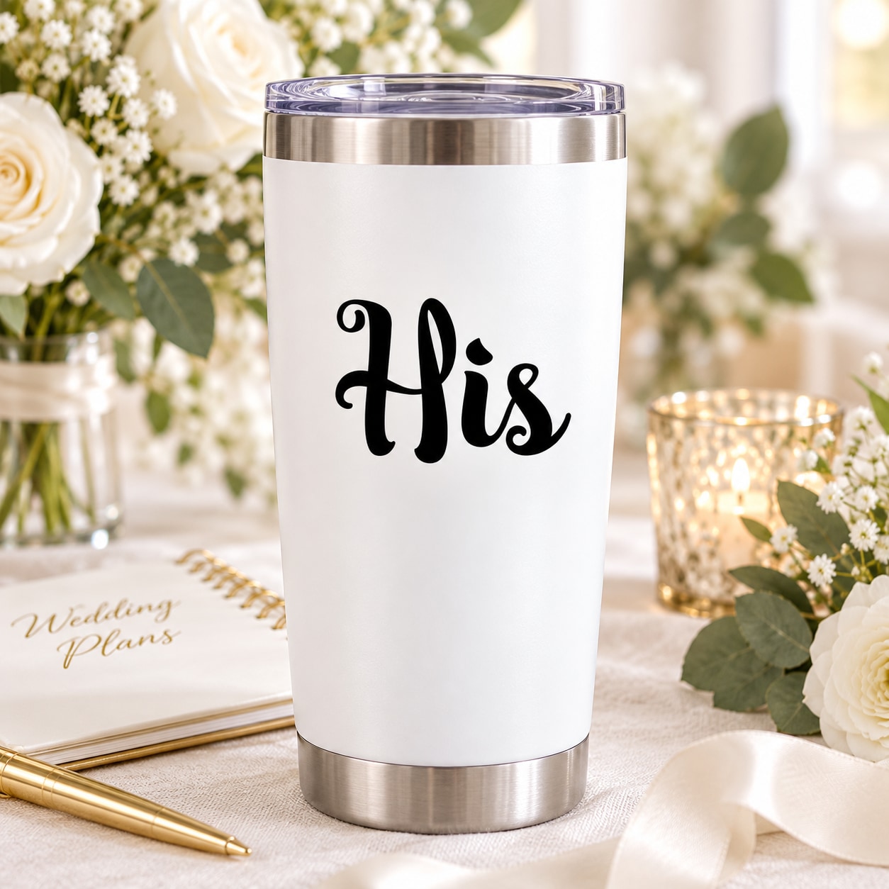 Wedding decal with black script word "His" on a white tumbler