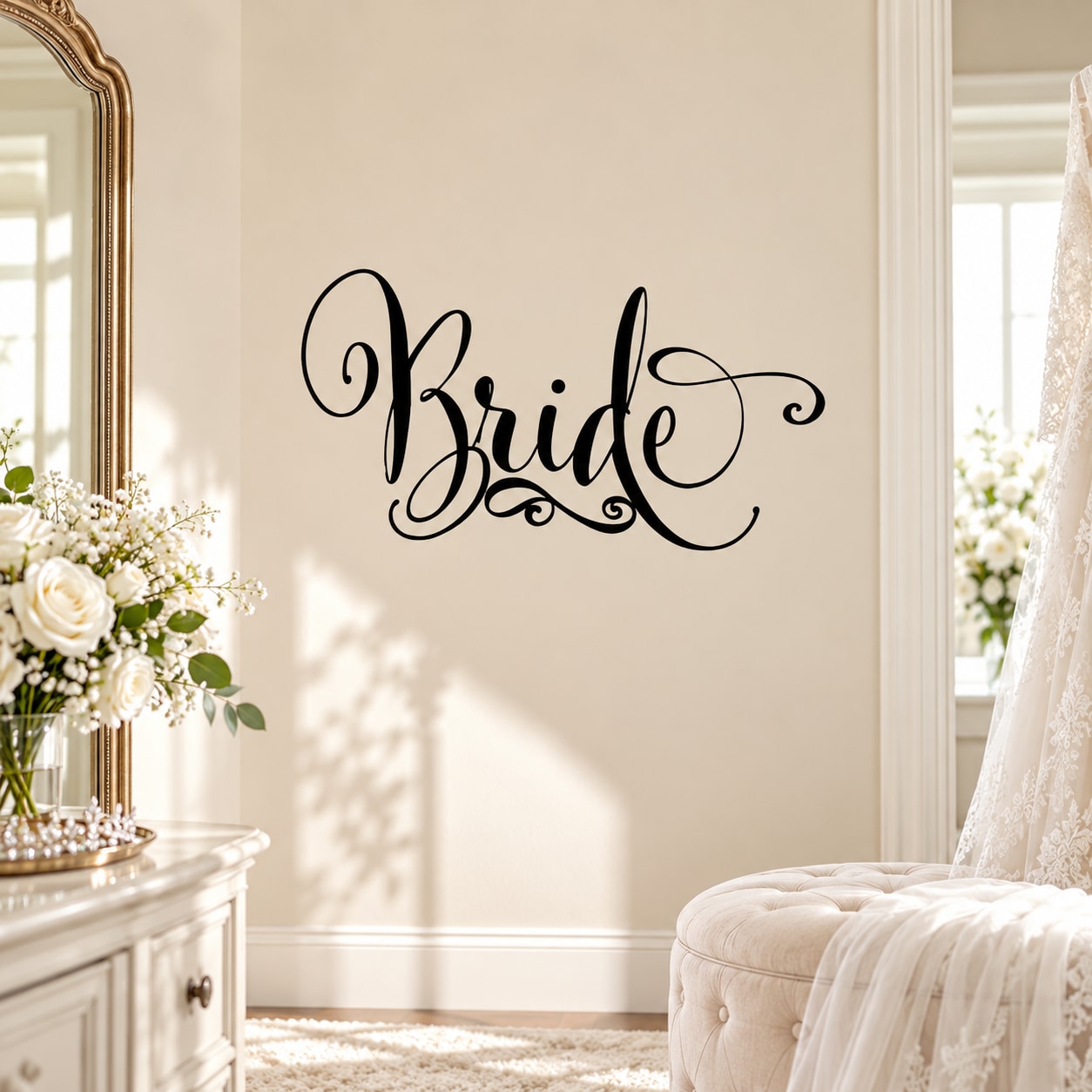 Bride script word decal with black cursive “Bride” lettering
