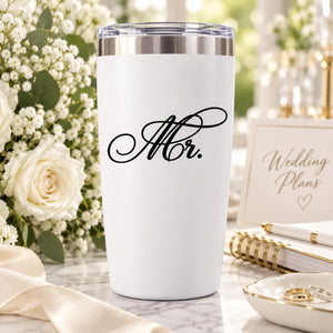 Black script “Mr.” decal on white insulated tumbler with clear lid