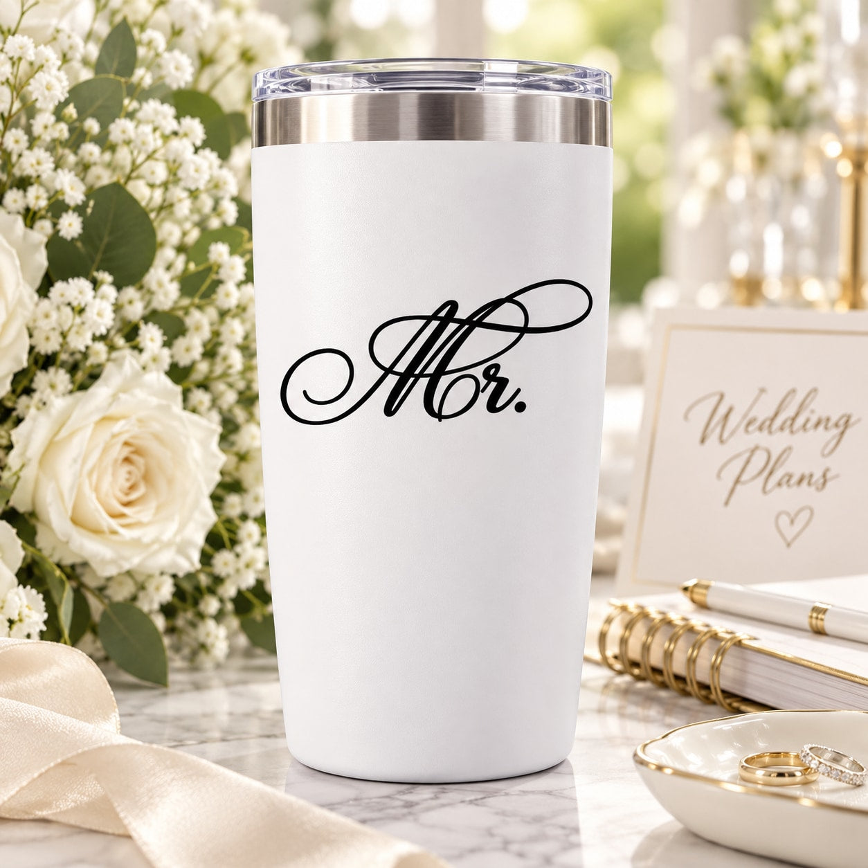 Black script “Mr.” decal on white insulated tumbler with clear lid