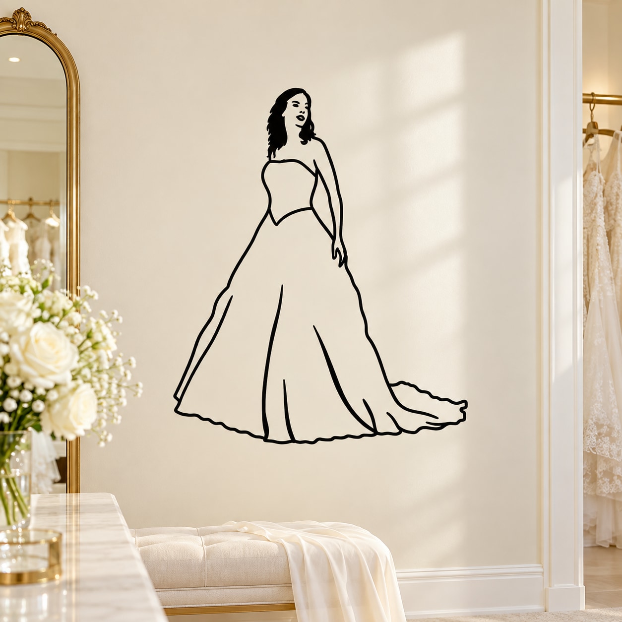 Bride silhouette wall decal with confident pose in long gown outline, black