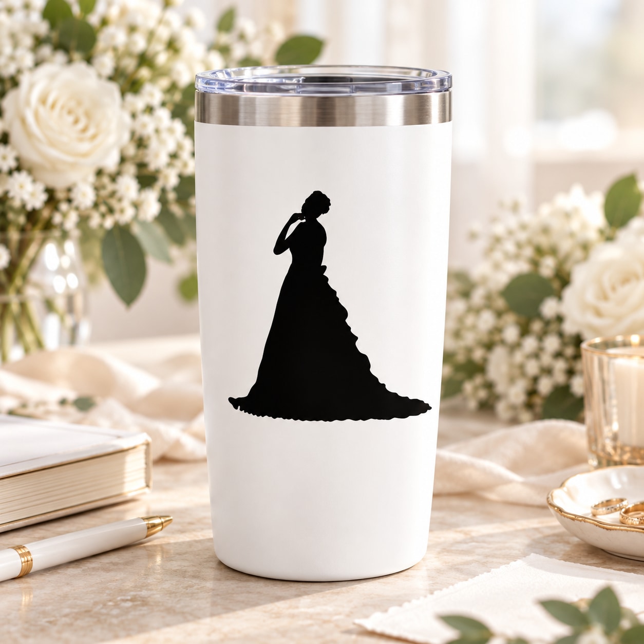 Bride silhouette decal on white cup tumbler, black bride figure design