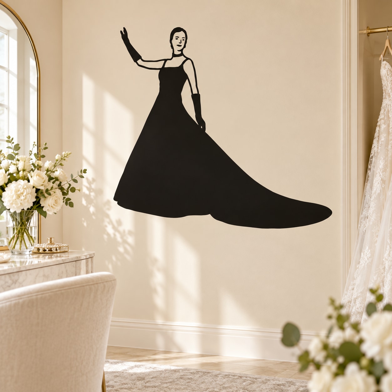 Dancing bride silhouette wall decal, black dress with raised arm pose