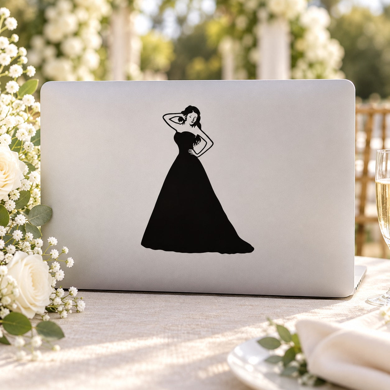Lovely bride pose decal: black silhouette bride in skirt and veil