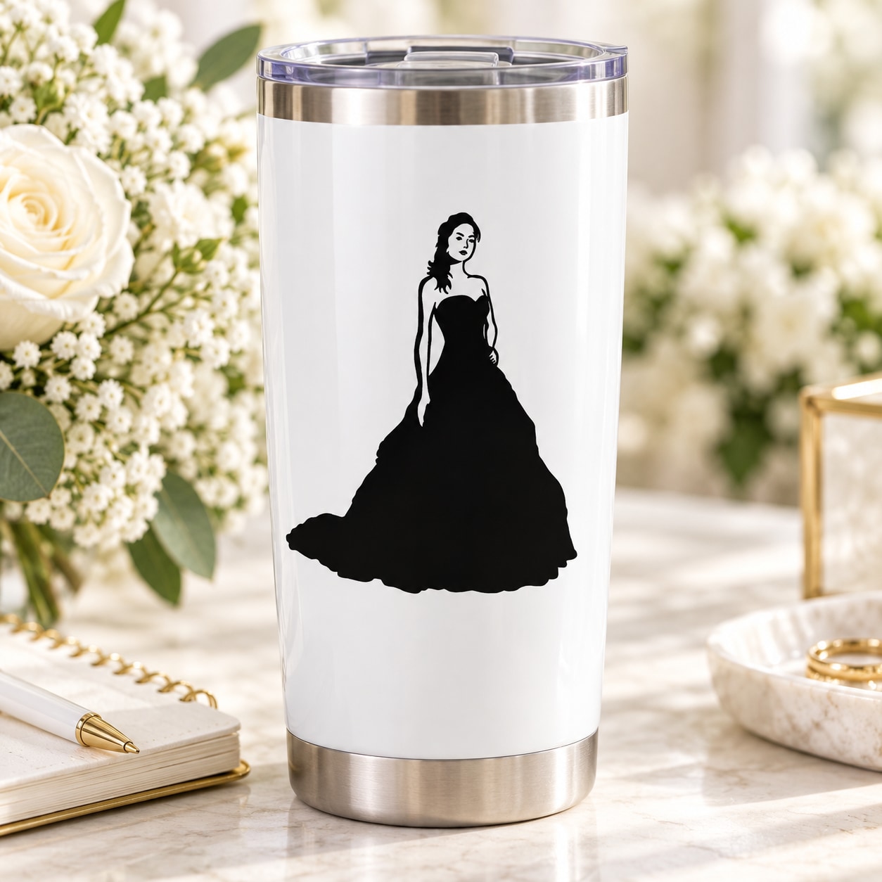 Bride standing decal with black silhouette on white background