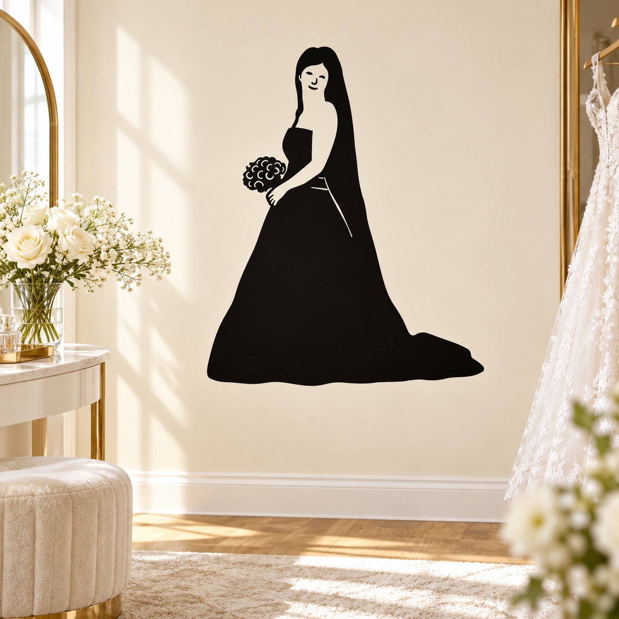 Gazing bride silhouette wall decal, black dress holding bouquet