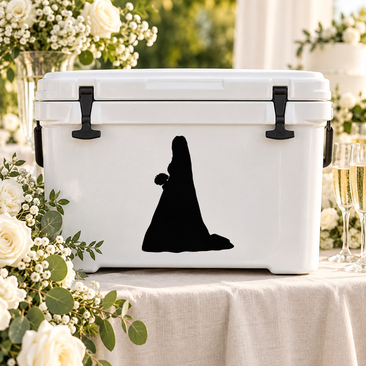 Black bride silhouette decal with long dress and bouquet