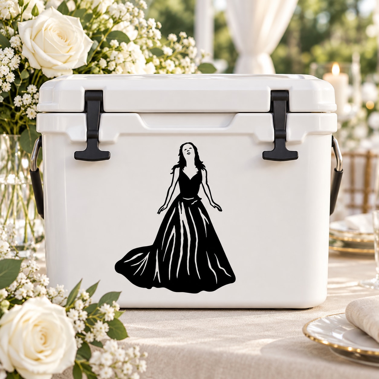 Bride dress decal with black silhouette on white rectangular panel