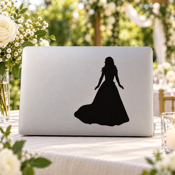 Bride silhouette decal with black dress figure on light rectangular surface