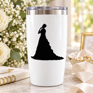 Black bride silhouette decal on white insulated tumbler