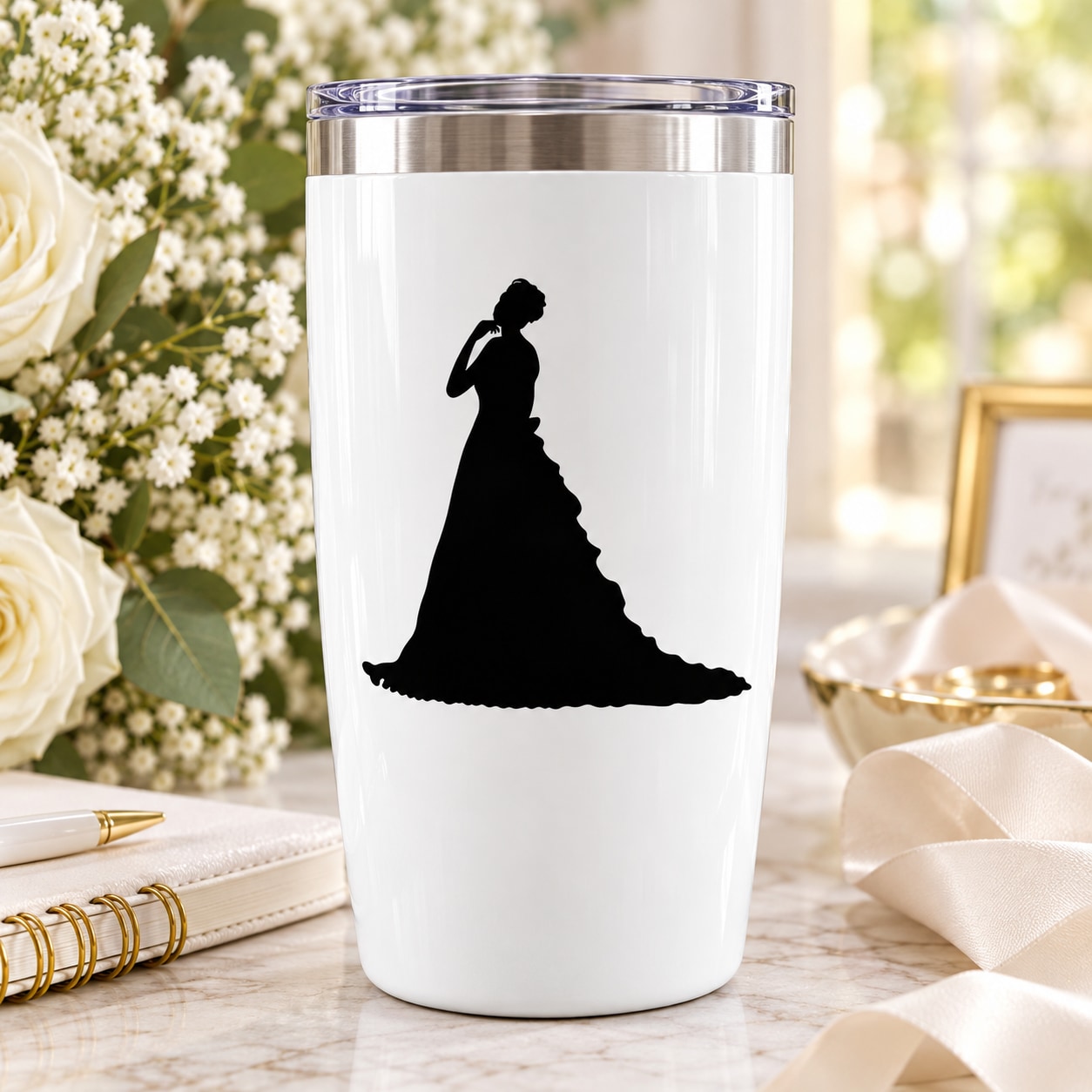 Black bride silhouette decal on white insulated tumbler