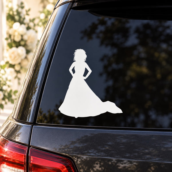 Bride silhouette window decal with white bridal dress figure on dark glass