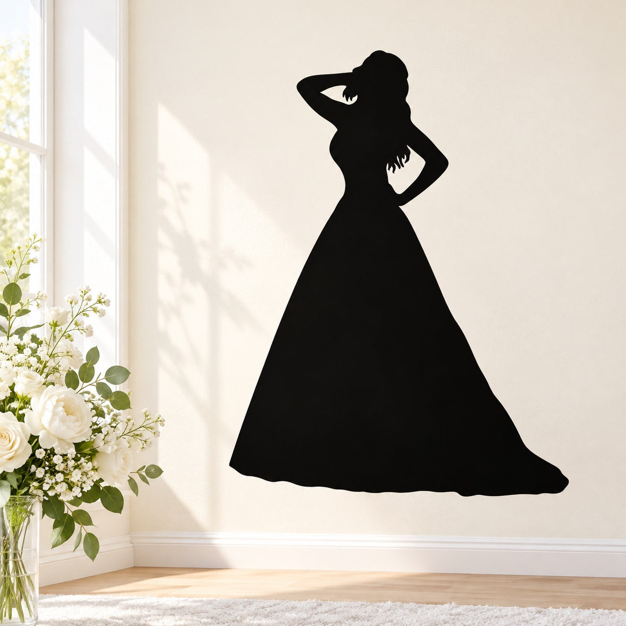 Bride silhouette wall decal in a flowing dress and veil, black