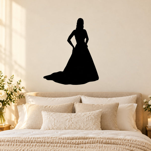 Black bride silhouette decal in flowing dress, hands on hips