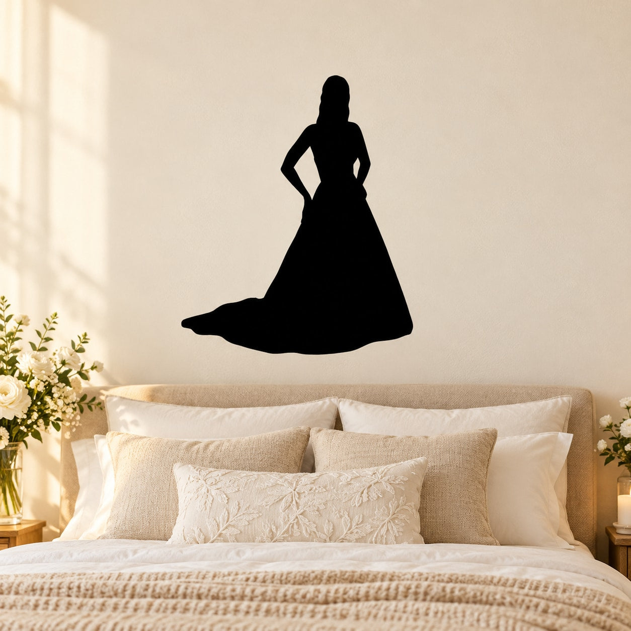 Black bride silhouette decal in flowing dress, hands on hips