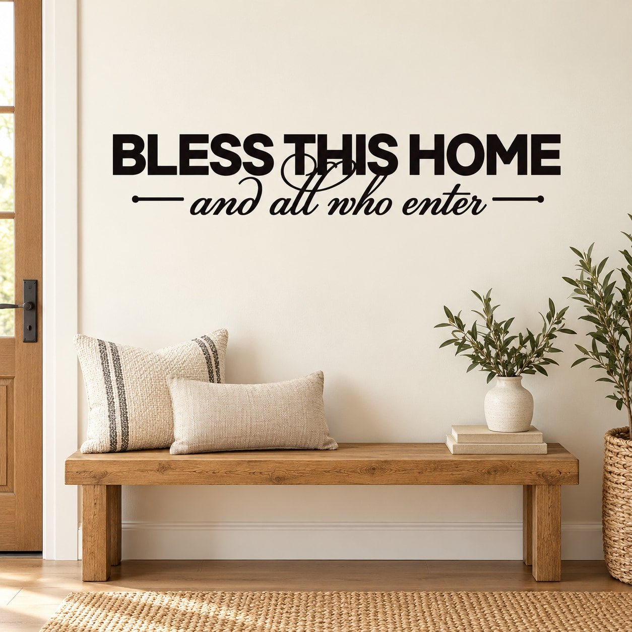 Welcome wall decal: "BLESS THIS HOME" with "and all who enter" script