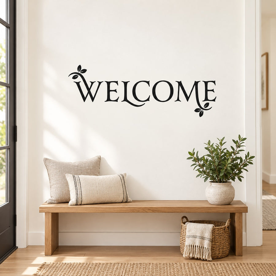 Welcome wall decal with leaf sprig accents