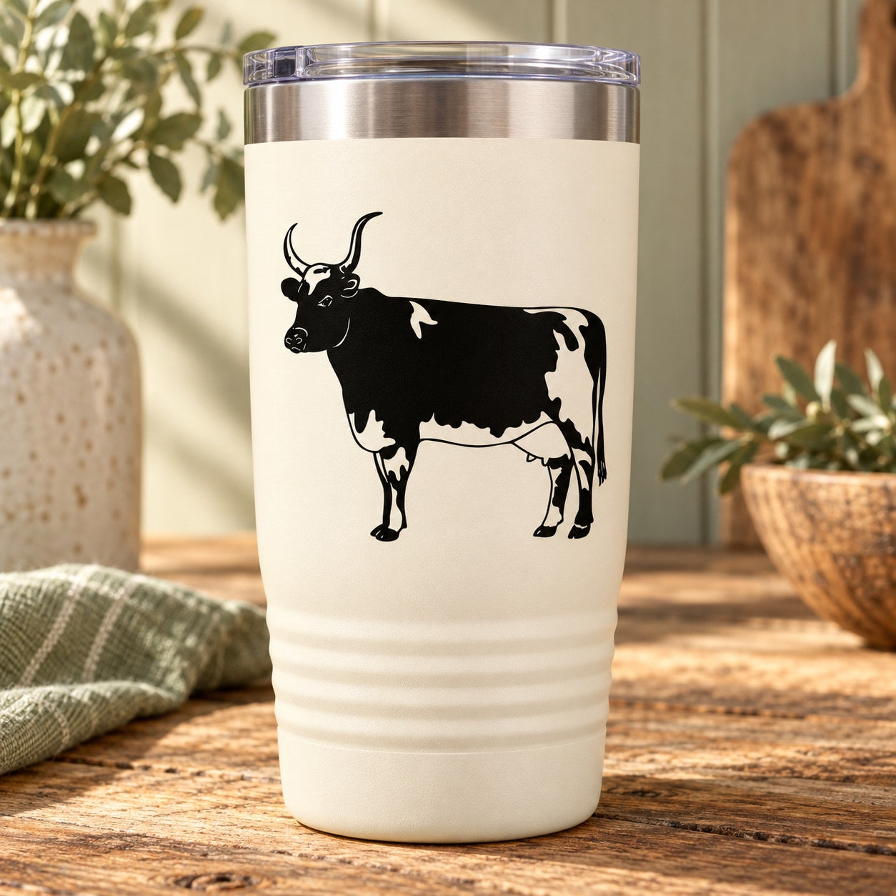 White tumbler with standing longhorn cow decal and stainless steel lid