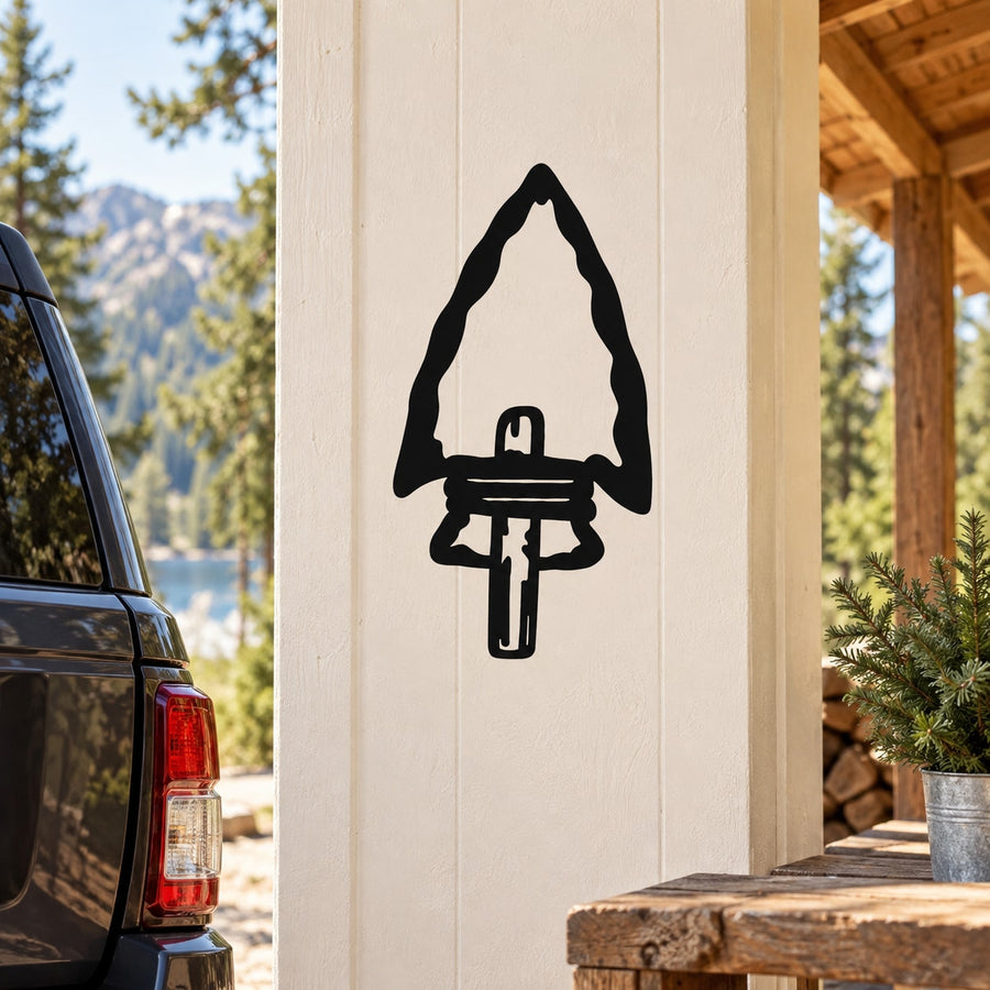 Black arrowhead notched wall decal with stick handle design