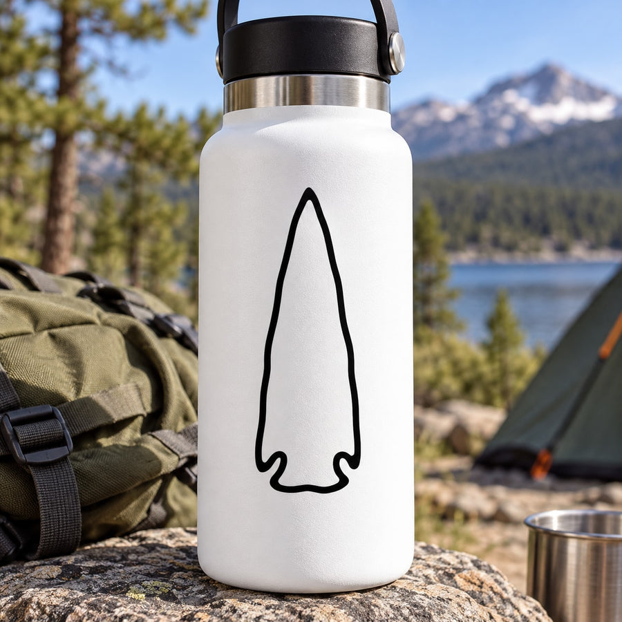 White water bottle decal with simple black arrowhead outline