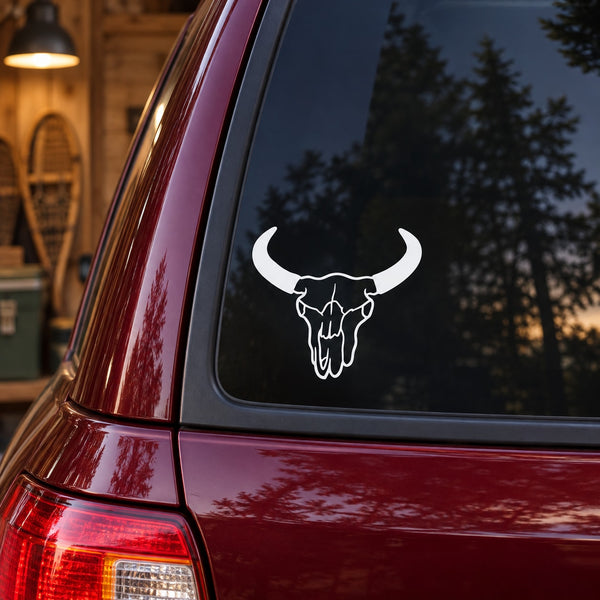 Cow skull vinyl decal, white outline on dark vehicle window