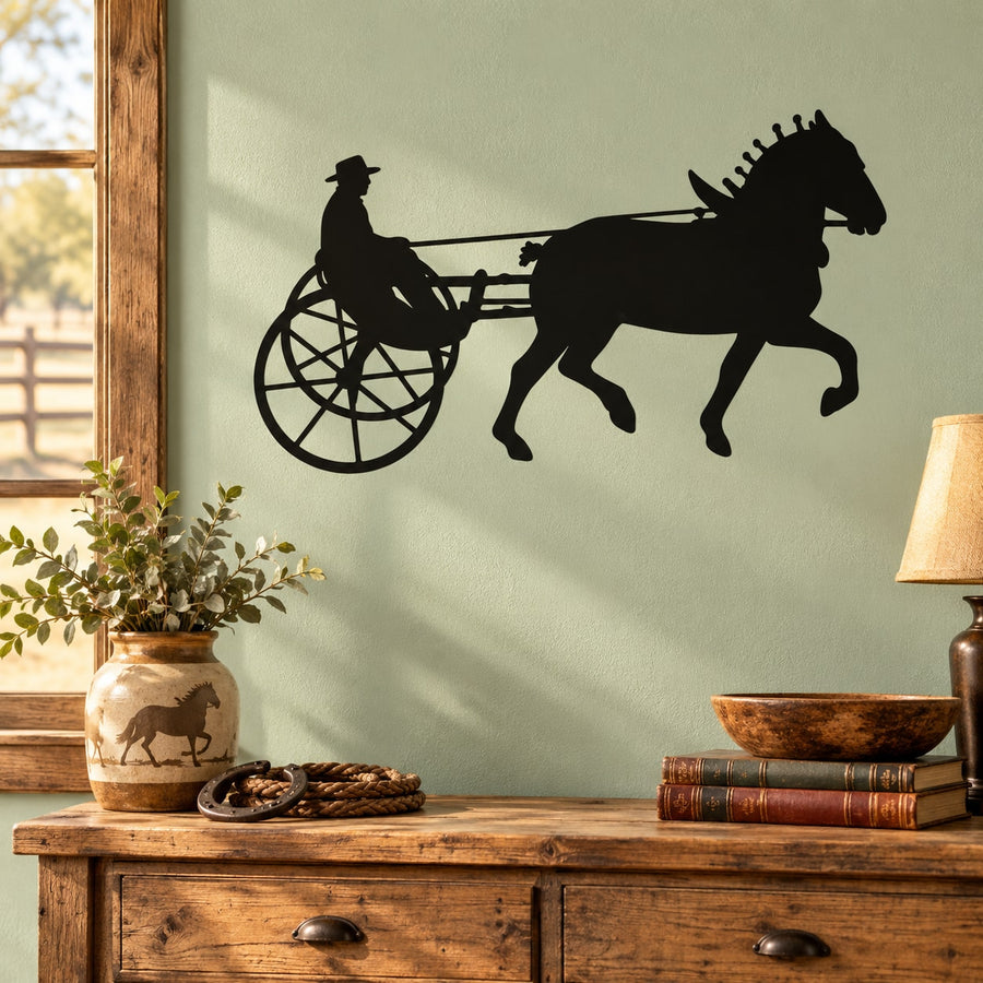Driving horse carriage decal, black silhouette of carriage and horse