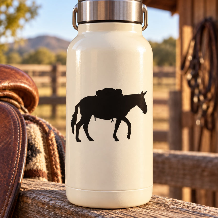 Black walking saddled horse silhouette decal