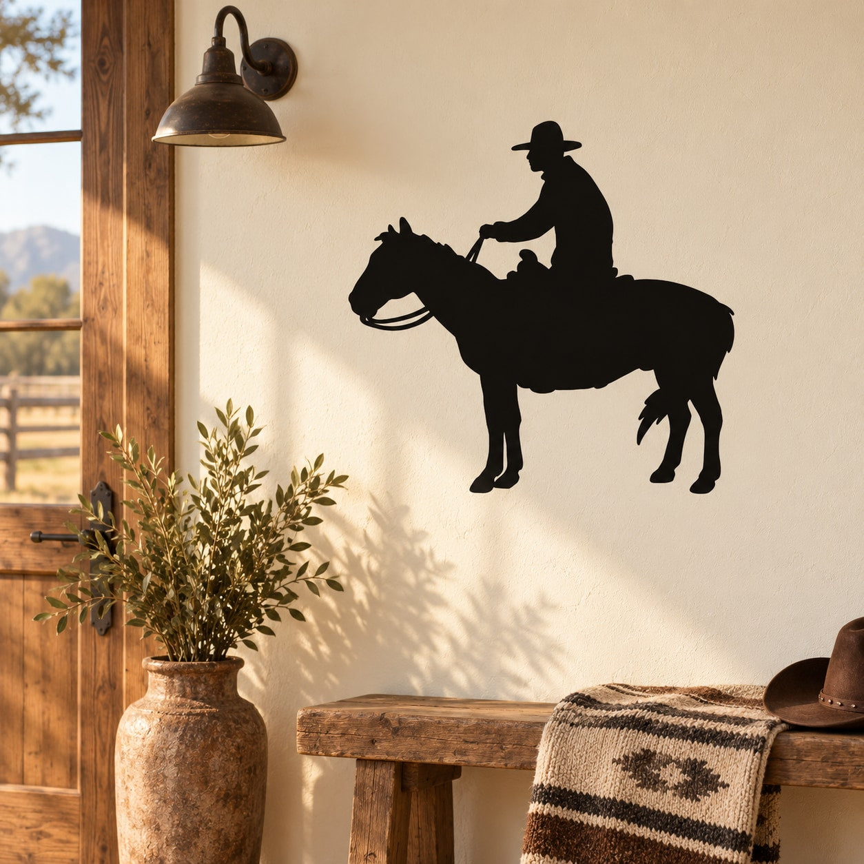 Cowboy on horse watching decal, black silhouette figure for wall or window