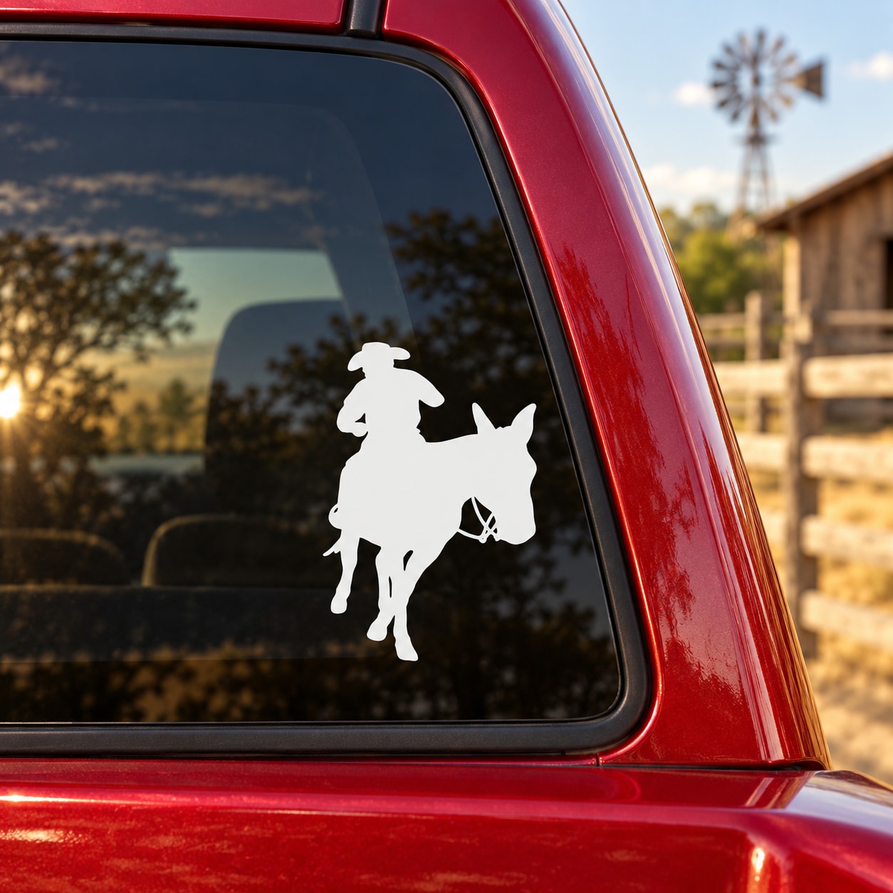 White cowboy riding horse decal on car window glass