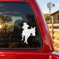 White cowboy riding horse decal on car window glass