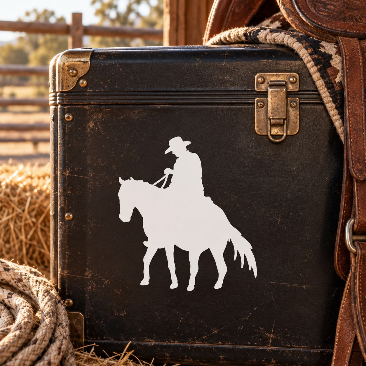 Cowboy riding horse silhouette decal on black suitcase