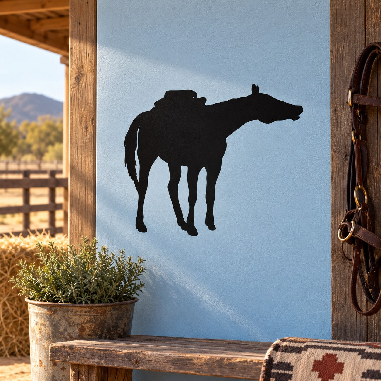 Standing horse silhouette wall decal in black on a light blue background