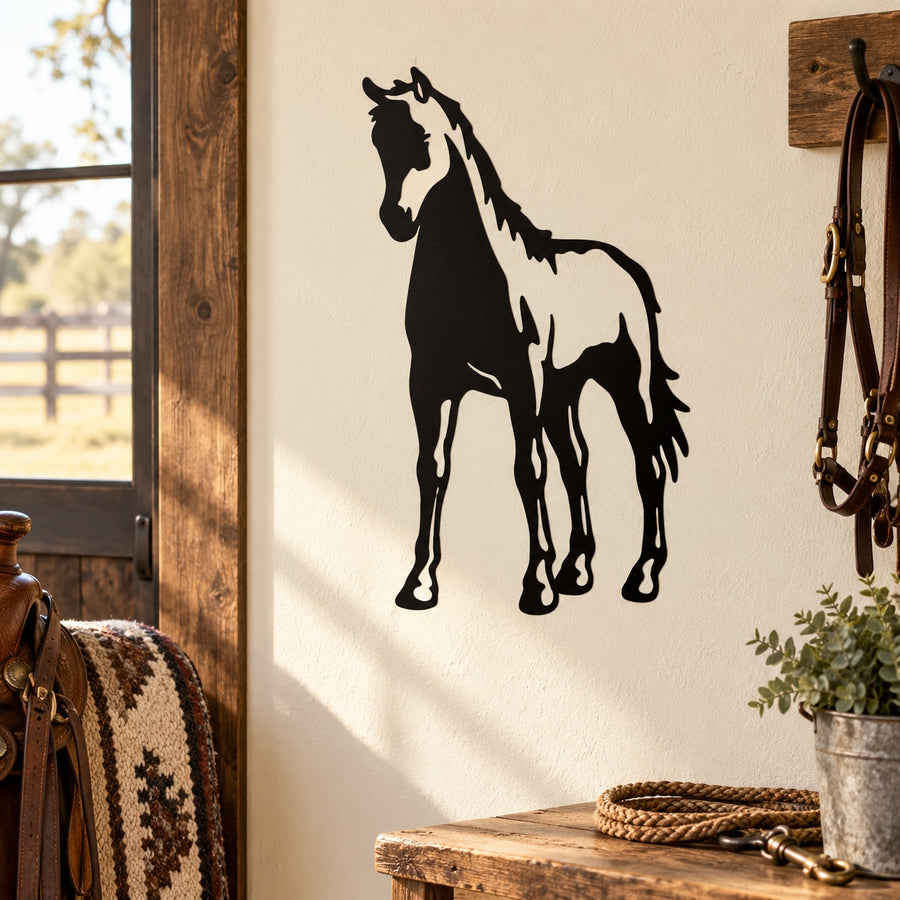 Standing foal horse decal with black-and-white silhouette on a smooth surface