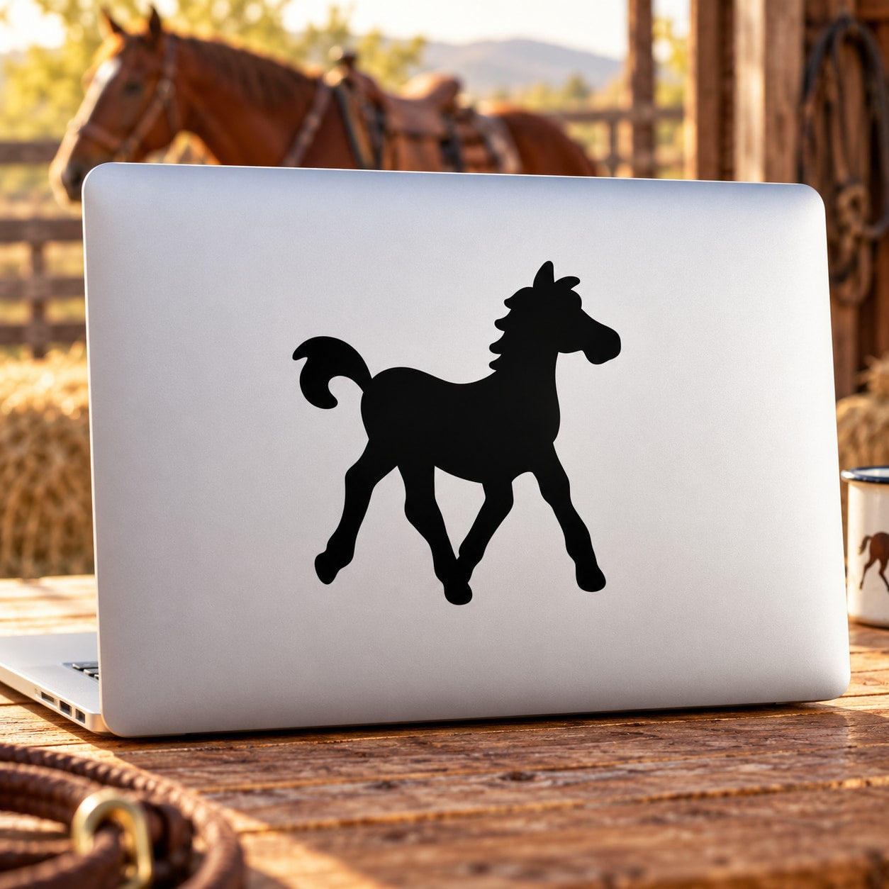 Black pony silhouette decal on white laptop lid