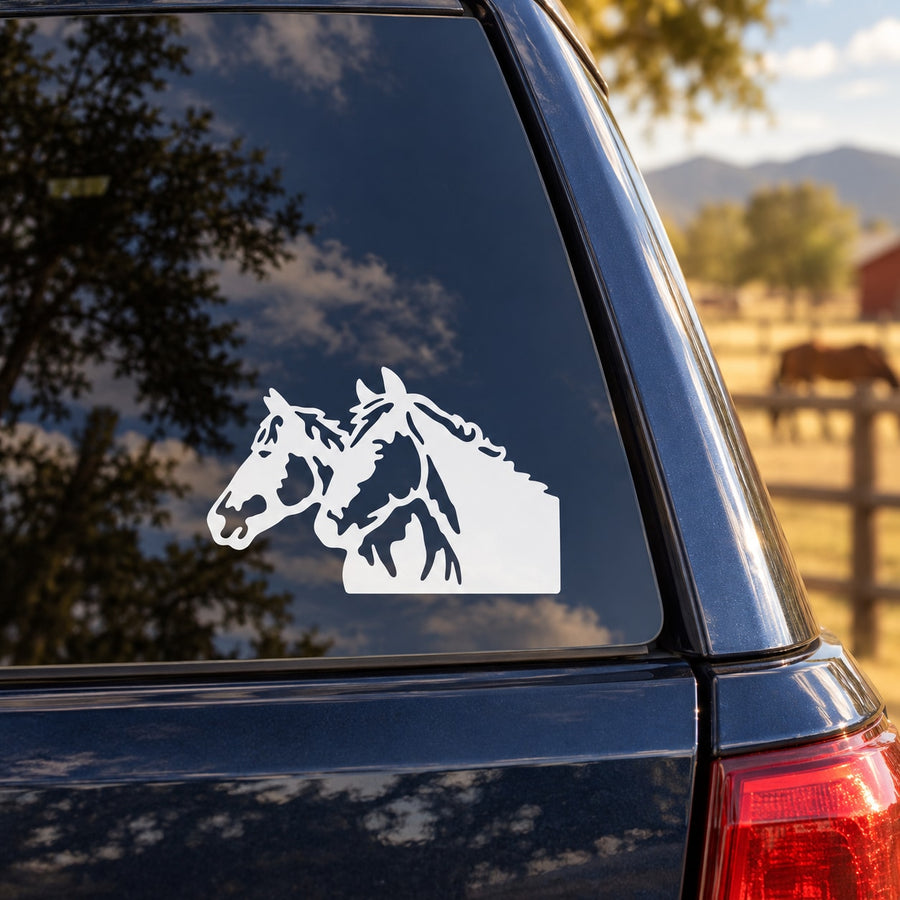 White double horse head decal on car window glass