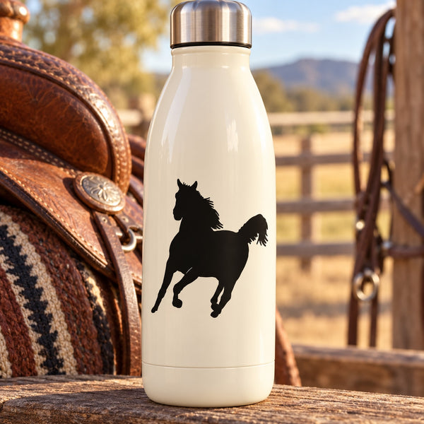 White water bottle with black running horse decal