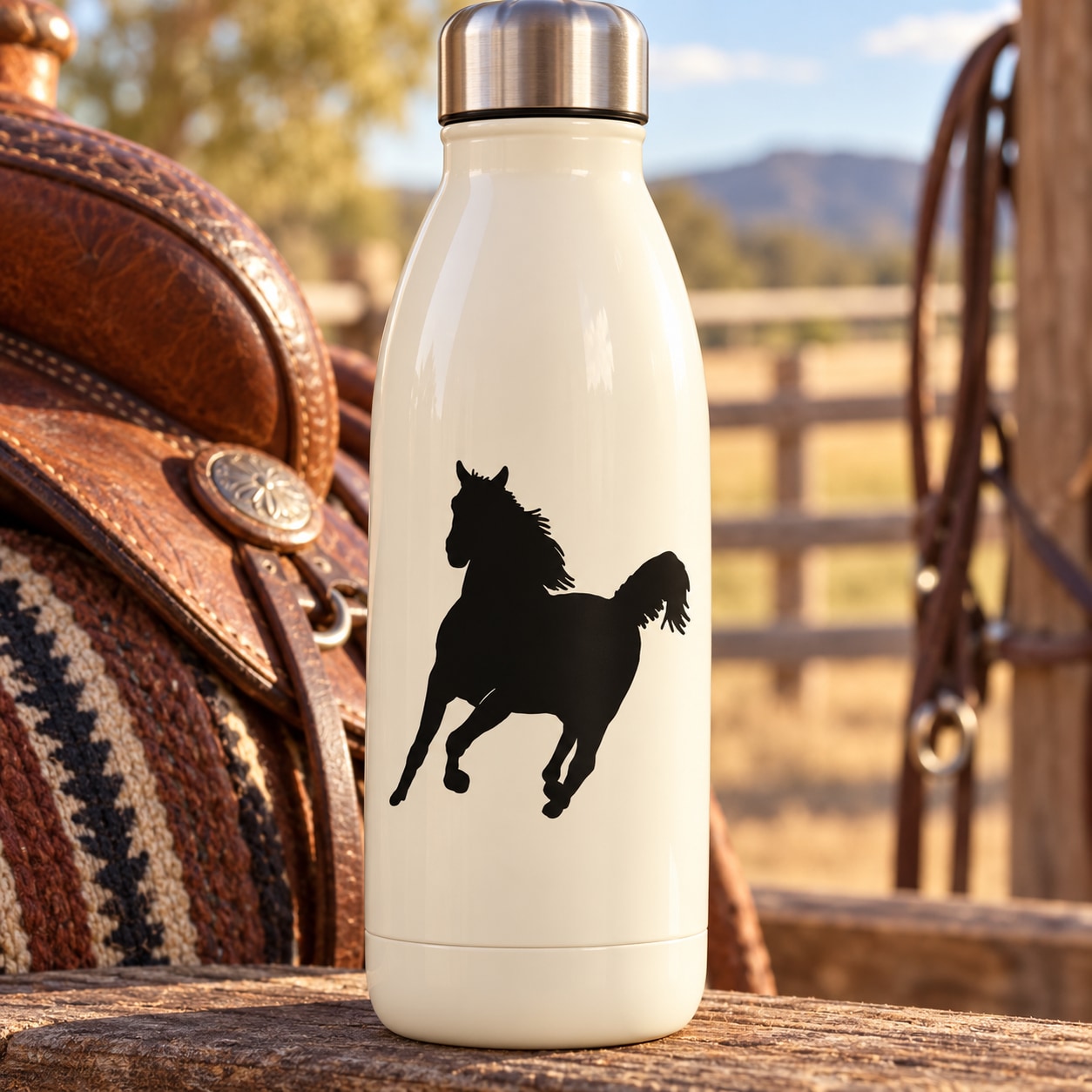 White water bottle with black running horse decal