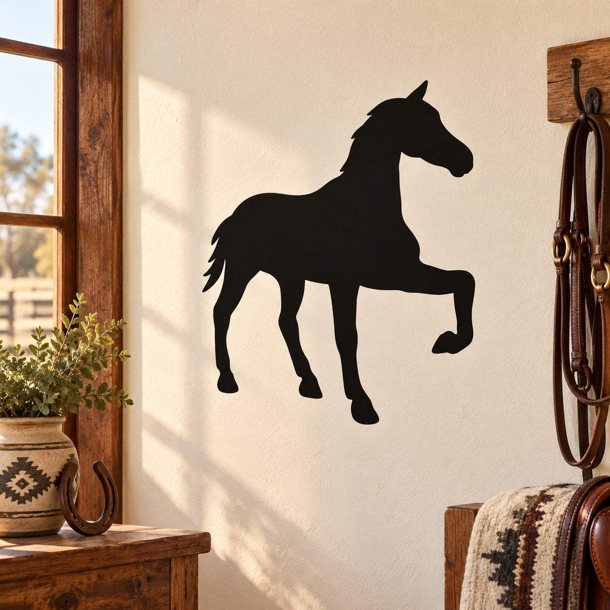 Black horse silhouette wall decal with standing side profile