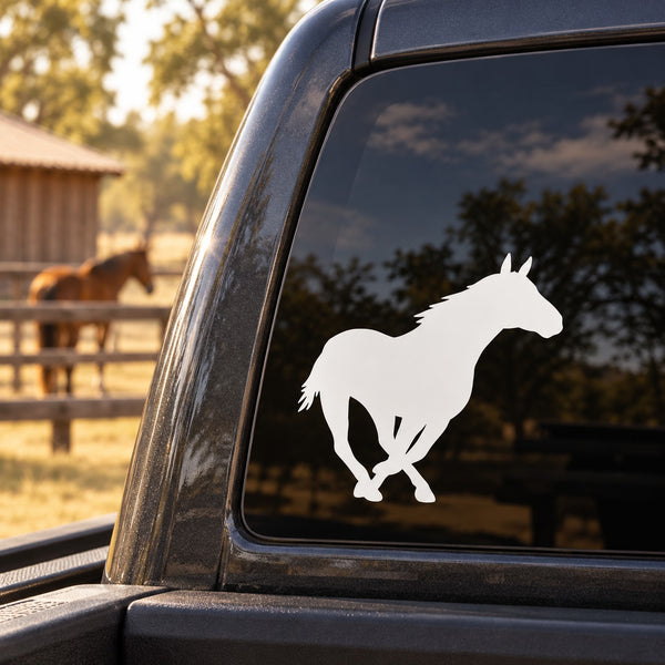 White running horse decal on a car side window