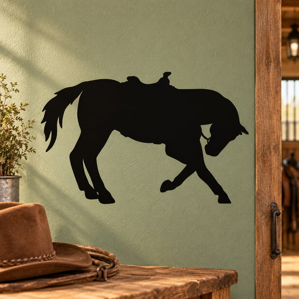 Black kneeling horse decal with saddle silhouette, wall sticker style
